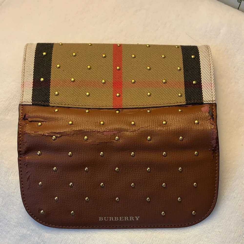 Burberry Brown Leather Studded Continental Wallet with Nova Check Trim